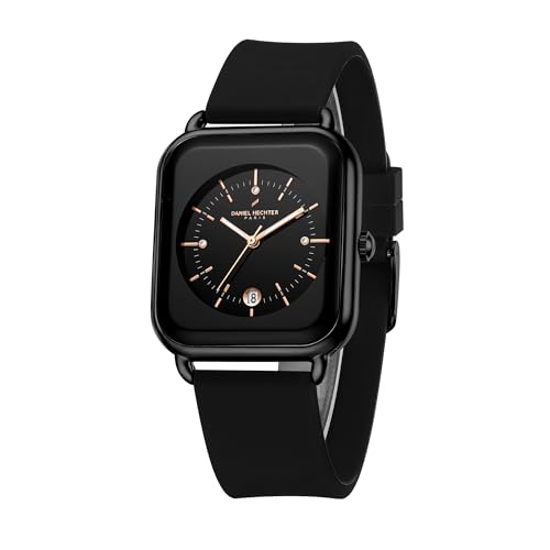Daniel Hechter Paris Lea Collection Watch for Women with Square Dial, Crystal and Rose Gold Markers, Date Display and Silicone Strap