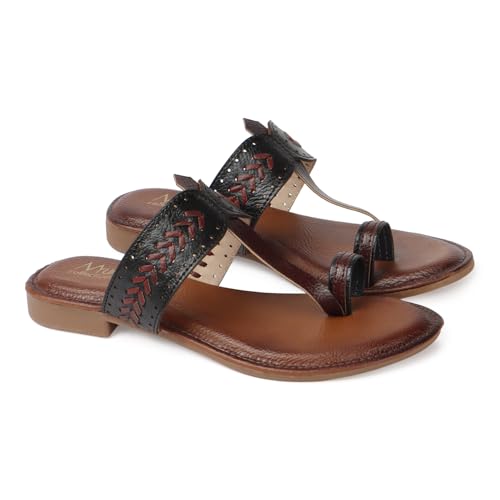 Image of Women's Kolhapuri Chappal Flats | Two-Tone Leatherette Ethnic Sandals with Toe Ring | Comfortable Handcrafted Traditional Slip-On Slippers for Ladies