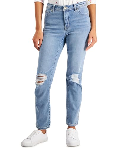 Style & Co. Women's Petite Mid Rise Natural Ripped Straight Leg Jeans
