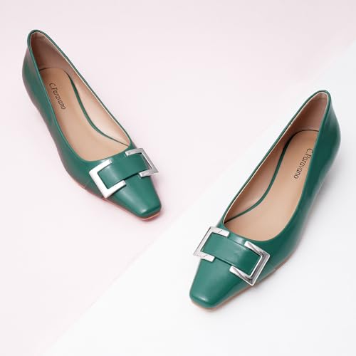 C.Paravano Metal Buckle Square Toe Low Block Heels Closed Toe Chunky Heels 1.1 in Low Heel Pumps Vintage Women's Pump for Party Wear Dress Pumps Shoes Soft Lambskin(Green,5.5)2
