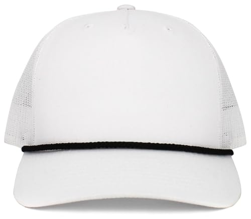 Image of KBE-5-ROPE WHT-BLK Classic 5 Panel Cotton Twill Mesh Trucker Cap Hat Adjustable Snapback Hat