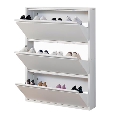 iCHENGGD Shoe Storage Cabinet with 3 Flip Drawers, Hidden Slim Narrow Shoe Rack Cabinet, Wall Mount Metal Shoe Cabinet for Entryway, White