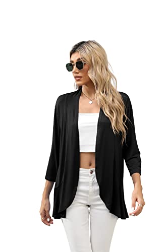HIYIYEZI Women's Casual Lightweight Open Front Cardigans Soft Draped Ruffles 3/4 Sleeve Cardigan4