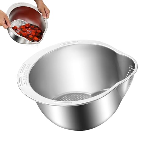 Cuenco de arroz de acero inoxidable, 24 cm, colador de arroz para lavar arroz, cuenco multifuncional con colador para cocina y alimentos, plata