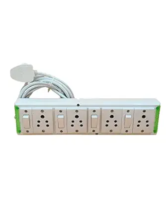 INDRICO Electric Junction Switch Board Multi Outlet Power Box with individual Switch Socket with heavy Duty Long Extension Wire Strip Cords for Home White-Green/Blue Pack of 1 (3 Meter Wire)