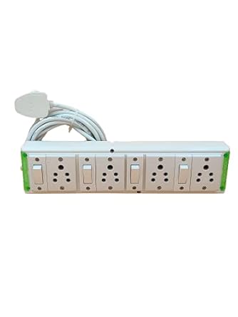 INDRICO Electric Junction Switch Board Multi Outlet Power Box with individual Switch Socket with heavy Duty Long Extension Wire Strip Cords for Home White-Green/Blue Pack of 1 (15 Meter Wire)