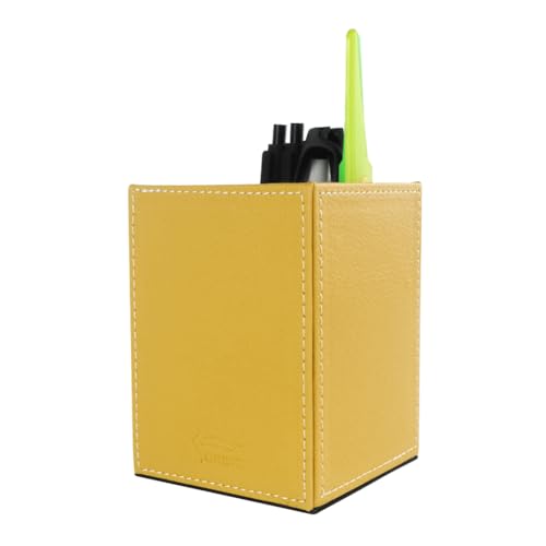 Image of Pen Pencil Holder Cup Container PU Leather Desk Organizer Stand Decor Brush Scissor Holder Decoration Office Desk Home School (Yellow, 3.54 inch x 3.54 inch x 4.72 inch)
