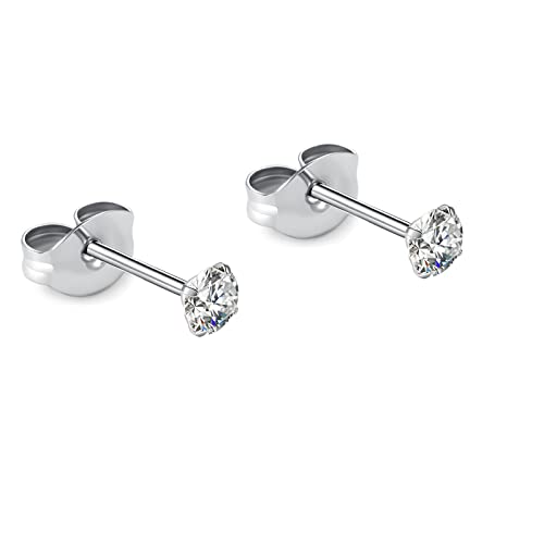 1 Pair Implant Grade Titanium Stud Earrings Set Hypoallergenic 3mm 4mm 5mm 6mm Cubic Zirconia G23 Titanium Earring Studs for Women Men for Sensitive Ear