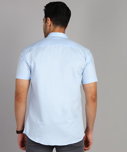 Image of MILDIN Men's Cotton Blend Solid Shirt with Spread Collared Half Sleeve Curved Hemline Button Closure Regular Fit and One Pocket | Half Sleeve Shirt for Men