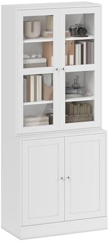 HOMCOM Bookcase with Tempered Glass Doors, Vertical Bookcase with...