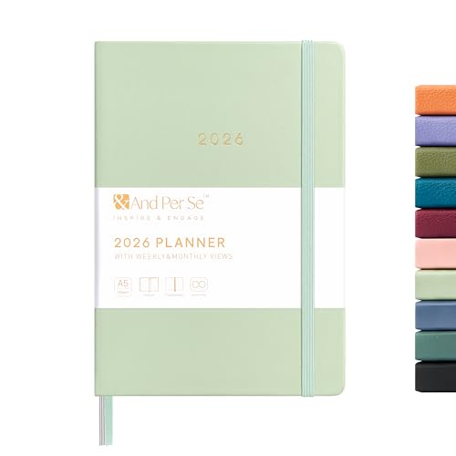 And Per Se 2026 Planner-Daily Weekly & Monthly Leather Hardcover Planner 5.7 x 8 Daily Schedule 100 GSM Thick Paper Back Pocket(Mint)
