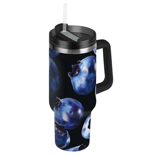 fifbird Photographic Blueberry Bouteille d'eau réutilisable sous vide pour enfants avec couvercle et paille – Tasse décorative avec couvercle pour école, sport, garderie, camping et plus encore – 1200