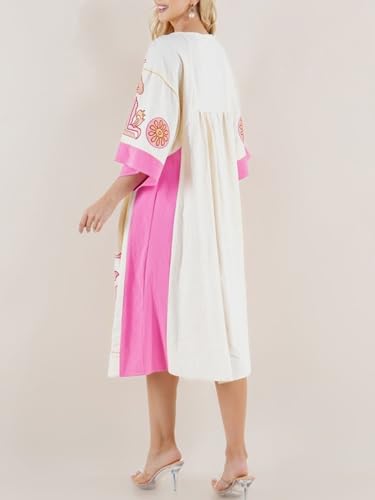 Image of Joiemont Womens Oversized Floral Embroidered Long Dress with V-Neck and 3 /4 Sleeves Vintage Embroidery Babydoll Dress