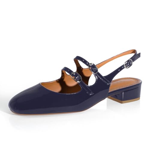 Image of anteikira Women's Round Toe Slingback Flats Closed Toe Double Strap Mary Jane Flats for Women 1 Inch Heel Dress Shoes Low Heel Causal Work Office Pumps for Women Size 5.5-12US