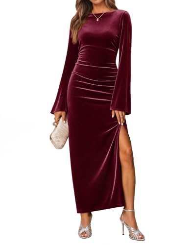 MEROKEETY Womens Fall Formal Long Sleeve Velvet Maxi Dress, Wine, XL