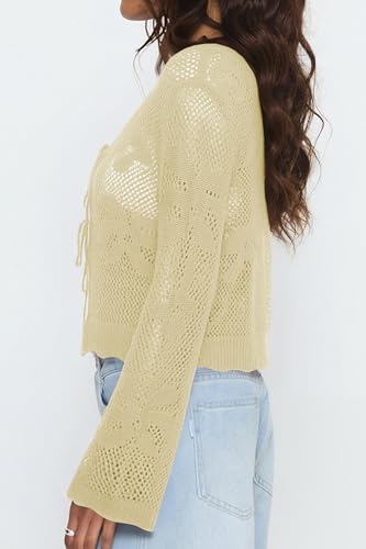 Image of Balimtoy Women Tie Front Cardigan Crochet Sweater Crop Tops Cute Bell Long Sleeve Knit Shrug Beach Vacation Cover Up