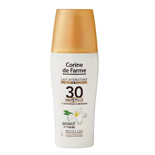 Corine de Farme Lait Hydratant Protège et Bronze SPF 30 - Protection Solaire Indice SPF 30 Enrichie au Monoï de Tahiti - Contient un Activateur de Bronzage - Hydrate, Protège et Satine la Peau