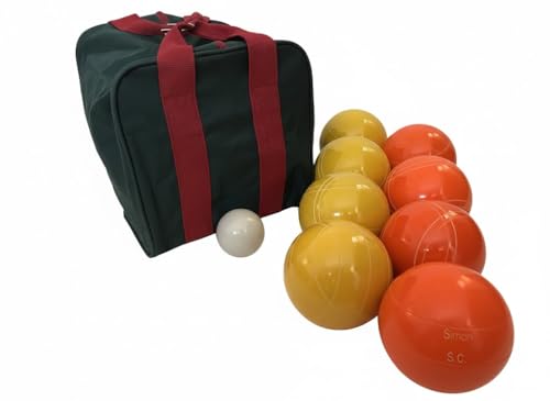 BuyBocceBalls Listing - Made in USA, Premium Quality Engraved Tournament Bocce Set, 998 Grams (2 lbs. 3.2 oz.). Various Bag Colors - 110mm Yellow and Orange Balls, Nylon Bag