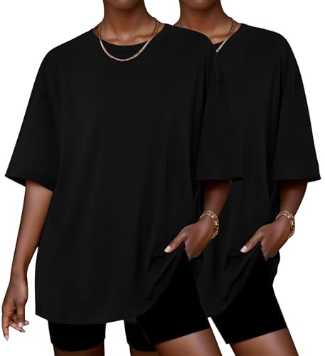 Ekouaer 2 Pack Womens Pajama Tops Short Sleeve Oversized T Shirts Summer Spring Tops 2025 Basic Casual Tee Top Black/Black XXL