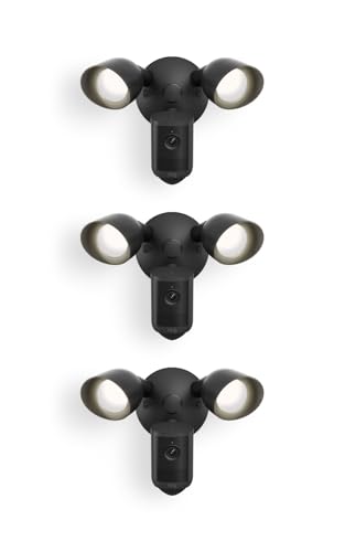 Image of Ring Floodlight Cam, Wired (newest model), Home or business security, Wide-Angle Retinal 2K Video, 6x Enhanced Zoom, Ultra-Bright Floodlights, 3-Pack, Black