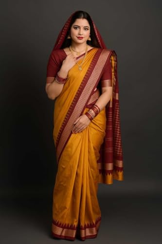 Image of NEW COLLECTION Women Silk Odisha Handloom Sambalpuri Plain Pata Saree Yellow Temple Border Pasapalli Design Mustard Kanjivaram Orissa Ethnic Handwoven Papa Silk Haldi Ceremony Pili Sari Red Blouse