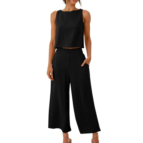 Conjunto genérico para mujer de lino de color sólido Sleeveless Top sin mangas y pantalones anchos de cintura alta con bolsillos casual de verano, Le Noir, M