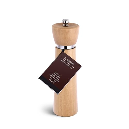 TLYSXPRO Wooden Pepper Grinder – Refillable Pepper Mill with Adjustable Upgraded Large Size Ceramic Burr – Manual Salt Grinder with Beech Wood Body – 8.3” Tall 1 PC/Beech