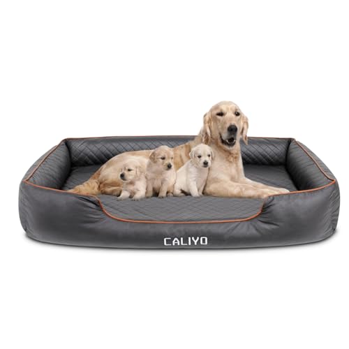CALIYO Orthopädisches Hundebett Grosse Hunde – Hundekissen aus Kunstleder, Wasserdicht & Waschbar, Memory Foam Hundesofa mit 4 Rändern, Hundematte 127×97×18CM, Schwarz