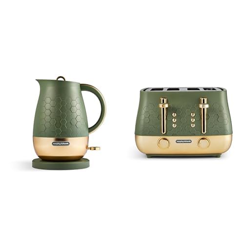 Morphy Richards Cassini Kettle and Toaster Bundle, 1.7L,3Kw Rapid Boil, Precision Pour Spout Kettle & 4 Slice Variable Browning and Width Slots Toaster, Matching Set, Olivine Green, 103022 | 243022