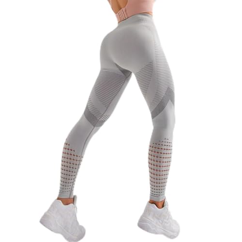 AMSLSIU Mujeres Fitness Leggings Yoga Gimnasio Ejercicio Femenino Pantalones absorbentes de Sudor Agujero de Tejer Deportes Caminar Niñas Legging, Gris, XL