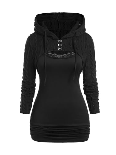 ROSE GAL Women Lace Trim Ruched Cami Tank Top and Hooded Hook Eye Cable Knit Cropped Shrug Sweater