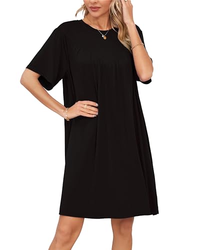 VOGMATE Nachthemd Damen Kurzarm Loses T-Shirt Oversize Schlafkleid Negligee Nachtkleid Große Größen Sleepshirt Schwarz XXL