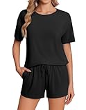 Ekouaer Pajama Set for Women Viscose from Bamboo Short Sleeve Tops and Shorts Set 2 Piece Lounge Set Black