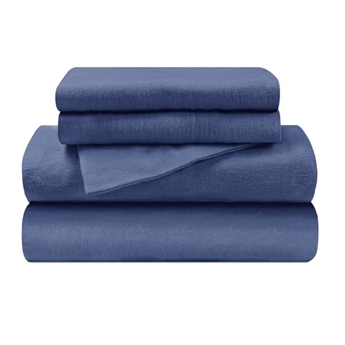 Superior Flannel Cotton Bed Sheet Set, Includes Flat Sheet, Fitted Sheet, Two Pillowcases (Twin Sizes Include One Pillowcase), Breathable, Modern Solid Classic - Split King, Navy Blue
