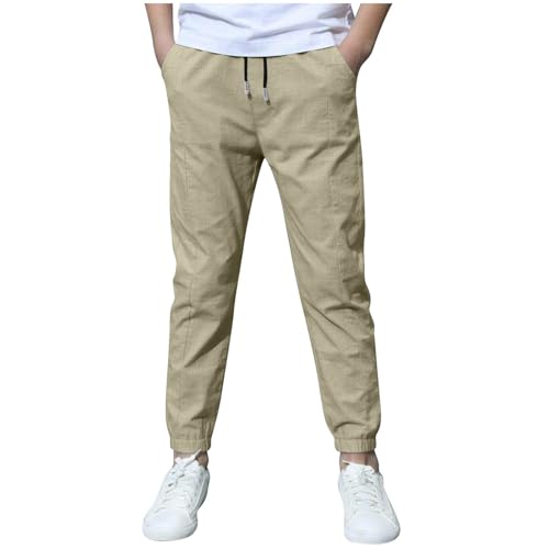 Boys Linen Jogger Pants Elastic Waist Comfortable Loose Fit Casual Drawstring Trousers for Spring Summer Outdoor