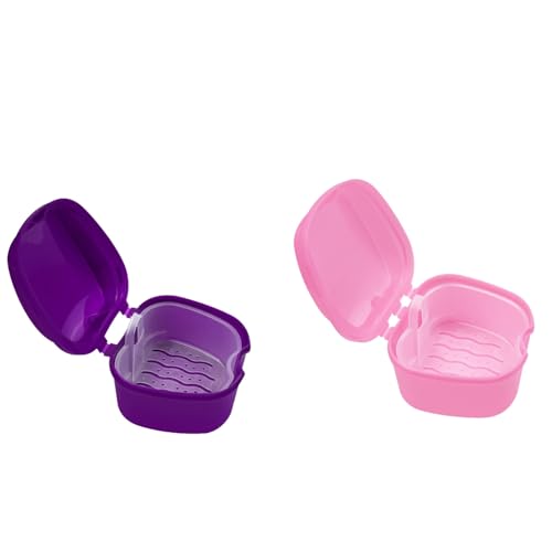 SENLIN DENTAL 2pcs Denture Bath Retainer Case, Dentaure Cups for Soaking Dentures with Strainer Basket Tray,Compact and Pportable Design, Suitable for Traveling (Purple+Pink)