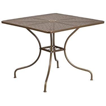AMAZON - Flash Furniture Oia Commercial Grade 35.5″ Square Gold Indoor-Outdoor Steel Patio Table with Umbrella Hole