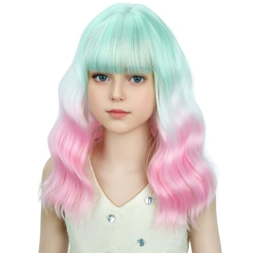 Image of Colorful Wig for Women Green White Pink Ombre Wig with Bangs Adult Short Wavy Curly Wigs Synthetic Cosplay Hair Wigs