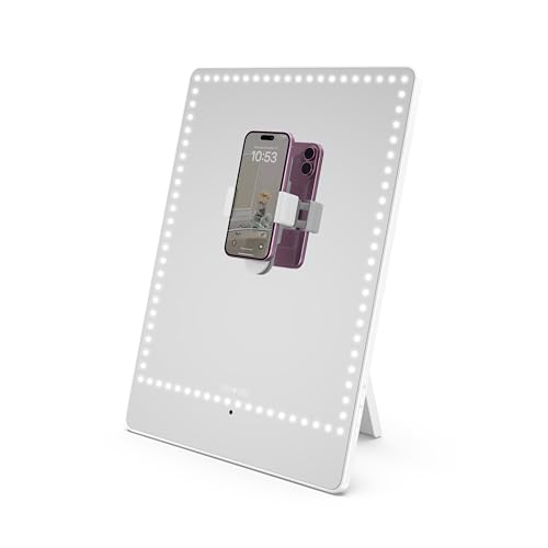 RIKI LOVES RIKI Pretty LED Makeup Mirror with Lights - Medium-Sized Lighted Makeup Mirror with 5X Magnifying Mirror Smartphone Holder & Remote Control | Wall-Mountable Bluetooth & Selfie Function