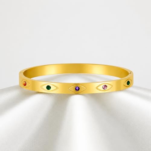 Image of Stylish Gold Plated Bangle for Women | Daily Use Stainless Steel Kada | Anti-Tarnish Waterproof Cuff | Multicolour Crystal Evil Eye | Daily Wear Bracelet For Womens | Premium Gift For Girl