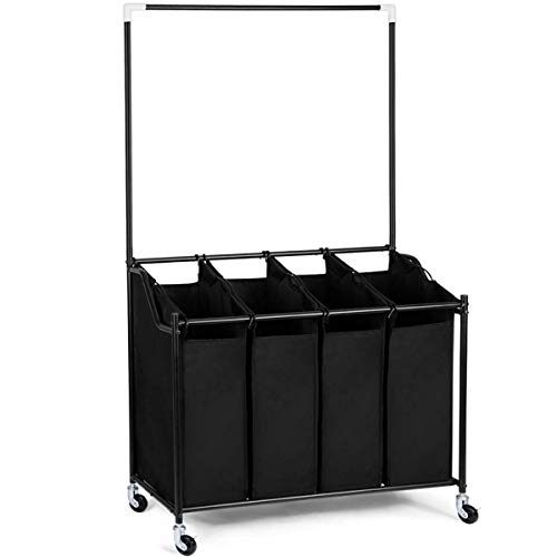 HOMEIDEAS Laundry Sorter with Hanging Bar 4-Bag Rolling Laundry Sorter Storage Cart 4