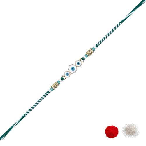 Image of I Jewels Enamel Evil Eye Rakhi With Roli Chawal & Rakshabandhan Card for Bro /Brother /Bhai