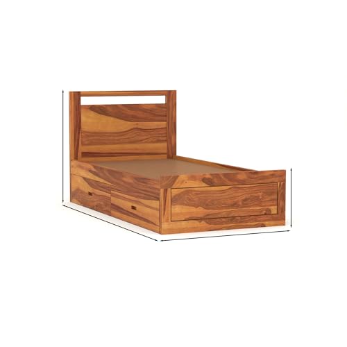 Image of Solid Sheesham Wood Bed 6X3 Single Bed with Drawer Storage for Bedroom - Single Cot Wooden BedSingle Size for Living Room Guest Room - 12 Months Warranty (Henry Honey, 6X3 Drawer)