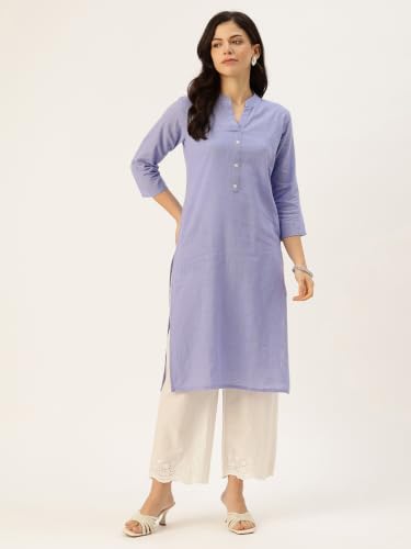 Image of feranoid Women's Plain Cotton Kurta with Mandarin Collar, 3 /4 Sleeves & Pocket