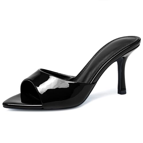 Image of Riekhany High Heel Mules for Women Slip On Open Pointed Toe Classy Patent Leather Stiletto Pumps Formal Slingback Mule Sandals Dress Walking Shoes