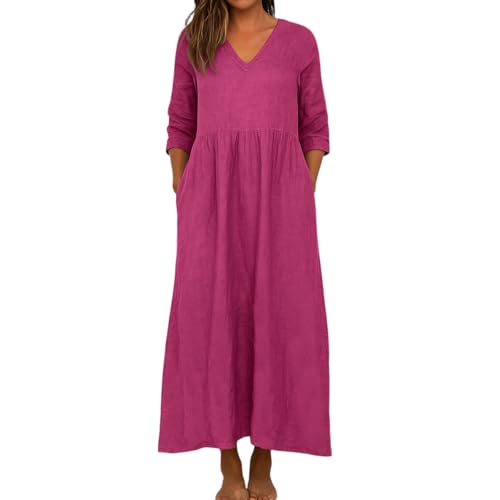 Damen Kleider Sommer Lang Leinenkleid Damen Frühling und Herbst Kleid 3/4 Ärmel V Ausschnitt Langes Kleid Loose Solid Farbe Baumwolle Leinen...