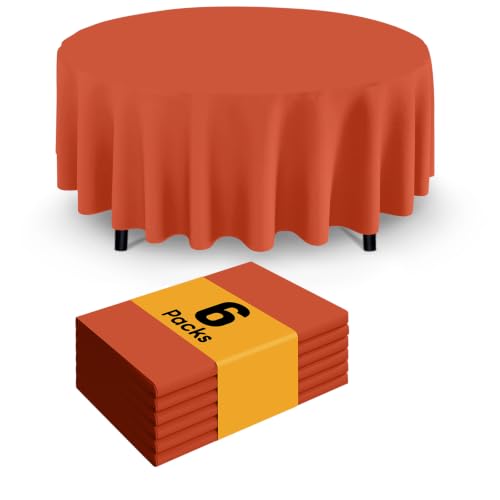 Image of Smiry Disposable Table Cloth - 6 Pack, 84 Inch Round Waterproof Tablecloths for Parties, Decorative Plastic Table Cover, Leakproof & Sturdy, Burnt Orange