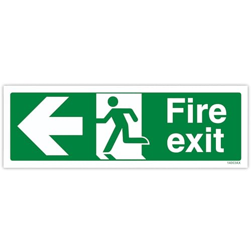 V Safety Fire Exit Arrow Left Sign - Landscape - 300mm X 100mm - Self Adhesive Vinyl