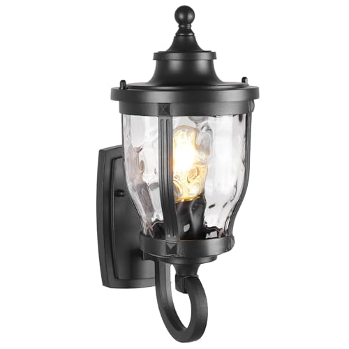Image of JYZ 15 inch Outdoor Wall Light Lantern, Anti-Rust Exterior Wall Sconce with Hammered Water Ripple Glass, Waterproof Matte Black Outside Lighting Fixture for Front Door, Porch, Garage