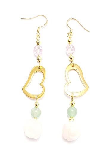 Boucles d'oreille pendantes,Rose de quartz, aventurine, coeur d'or